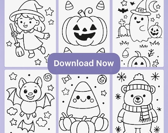 May include: A collection of black and white Halloween-themed coloring pages. The pages feature various illustrations, including a witch, pumpkin, ghost, bat, candy corn, and bear. The text "Letter Size & A4 Coloring Pages" and "Download Now" are visible.