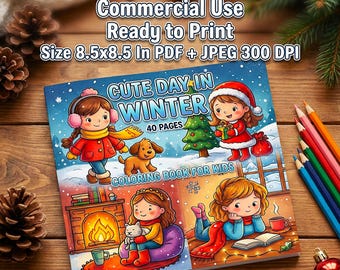 May include: A children's coloring book titled "Cute Day in Winter" with 40 pages, ready to print. The cover features illustrations of children, a dog, a Christmas tree, and a fireplace. The book measures 8.5 x 8.5 inches.