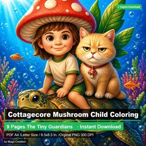 May include: Digital download of a whimsical illustration featuring a child wearing a mushroom hat, riding a turtle, and accompanied by a cat. The image has a vibrant underwater theme with text that reads "Cottagecore Mushroom Child Coloring".