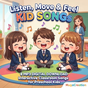 Puede incluir: Ilustración colorida de tres niños sonrientes y una maestra en un aula. La imagen incluye el texto "Listen, Move & Feel KID SONGS" y "8 MP3 DIGITAL DOWNLOAD Interactive Classroom Songs for Preschool Kids."