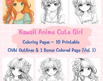 Dibujos para colorear de chicas anime con motivos florales, arte chibi kawaii (PDF imprimible)