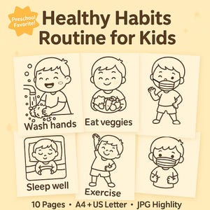 Hábitos saludables imprimibles para niños / Hojas de trabajo de rutina diaria / Tamaños A4 y Carta / Paquete PDF + JPG / Páginas para colorear sobre higiene