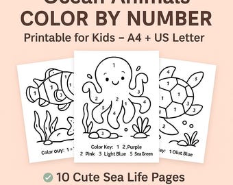 Ocean Animals Color by Number Printable | Cute Sea Life Coloring Pages for Kids | Preschool Activity PDF A4 US Letter