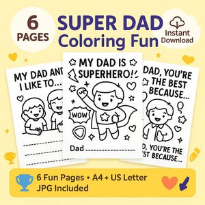 Desenhos de Super Pai para Colorir para Crianças | Presente para Imprimir para o Dia dos Pais | A4 e Carta EUA | Atividade Divertida para o Dia dos Pais | Evefe Little Studio
