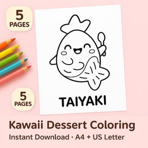 Páginas para colorear de postres kawaii para niños · Dulces japoneses imprimibles · Paquete mini en formato JPG (A4)