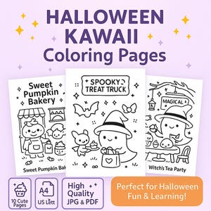 Dibujos para colorear de Halloween kawaii para niños: 10 lindas hojas imprimibles en tamaño A4 y carta (JPG, PDF)