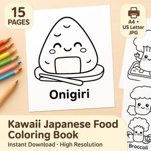 Páginas para colorear de comida japonesa kawaii para niños · Imprimibles tamaño A4 · Libro de actividades de bento y dulces