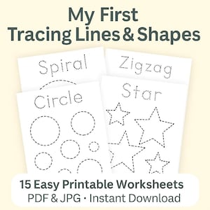 May include: A set of printable worksheets for tracing lines and shapes. The worksheets include shapes like spirals, zigzags, circles, and stars. The text on the image reads "My First Tracing Lines & Shapes" and "15 Easy Printable Worksheets PDF & JPG • Instant Download."