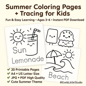 Páginas para colorear de verano con palabras para calcar / Tamaño A4 y carta de EE. UU. / Libro de actividades kawaii imprimible para niños