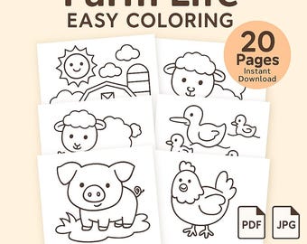Farm Life Easy Coloring Pages for Kids | Printable Farm Animals Coloring Book | Preschool Toddler Coloring Sheets PDF Instant Download
