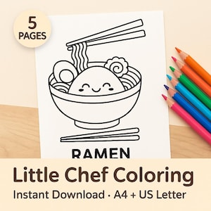 Dibujos para colorear de un pequeño chef para niños · Comida japonesa kawaii · Descarga instantánea · A4 + JPG (carta estadounidense)