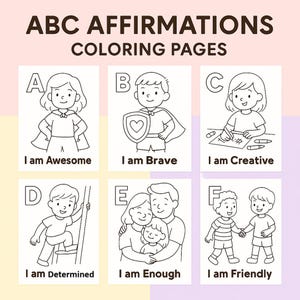 Páginas para colorir com afirmações do alfabeto para crianças | Atividades de mentalidade positiva de A a Z | Download em PDF de letras A4 e EUA