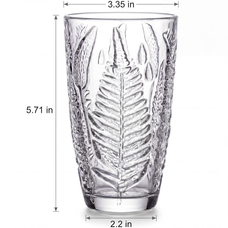 Embossed fern tall drinking glass dimensions, vintage highball tumbler size guide, clear textured glassware measurements, retro style glass for water and cocktails, detailed product dimensions image