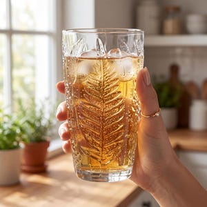 Hand holding embossed fern glass with iced tea or cocktail, vintage textured drinking glass, aesthetic lifestyle kitchen scene, retro glassware for cocktails, durable clear pressed glass tumbler
