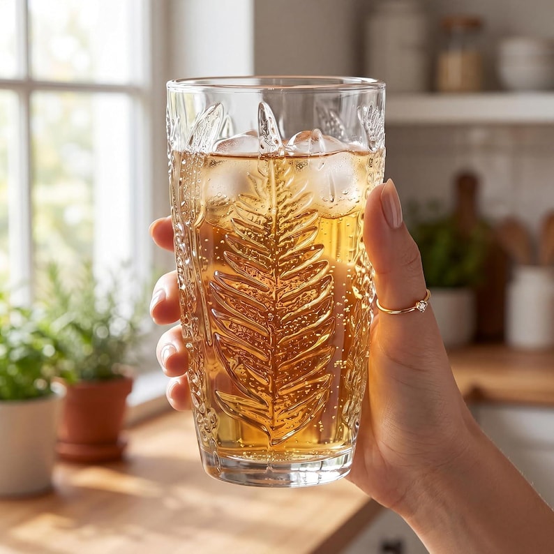 Hand holding embossed fern glass with iced tea or cocktail, vintage textured drinking glass, aesthetic lifestyle kitchen scene, retro glassware for cocktails, durable clear pressed glass tumbler