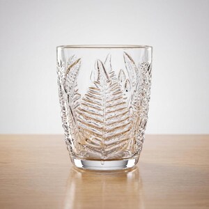 Short embossed fern glass tumbler, vintage style lowball drinking glass, textured clear glassware for whiskey, juice or water, retro aesthetic glass cup with botanical pressed pattern, durable everyday use