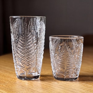 Clear vintage drinking glasses with fern embossed pattern, textured glass tumblers in warm sunlight, retro style water glasses set, botanical pressed glassware, aesthetic kitchen table styling, durable everyday use glass cups
