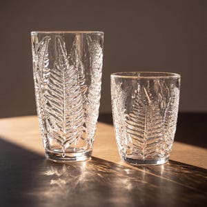 May include: Two clear glass tumblers with a fern leaf pattern. One is a tall highball glass, and the other is a shorter tumbler. The glasses are sitting on a wooden surface, and the light is shining through them.