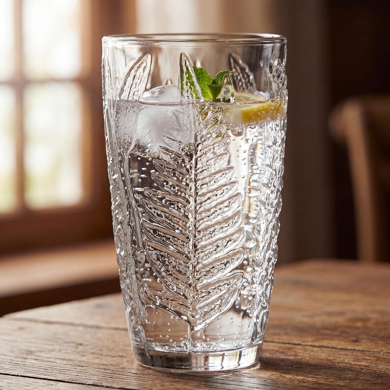 Clear textured drinking glass with lemon water, embossed fern pattern tumbler, vintage style glassware for refreshing drinks, aesthetic kitchen scene, durable everyday water glass with retro design