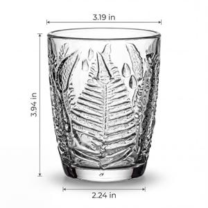 Embossed fern short drinking glass dimensions, vintage lowball tumbler size chart, clear textured glassware measurements, retro style glass for whiskey or water, detailed product dimensions image