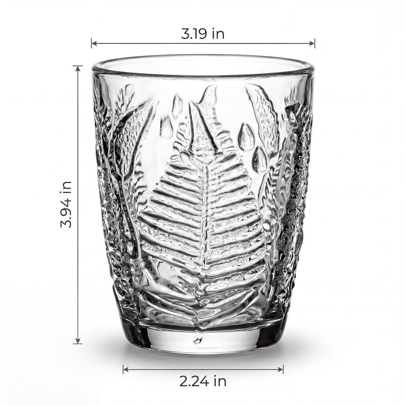 Embossed fern short drinking glass dimensions, vintage lowball tumbler size chart, clear textured glassware measurements, retro style glass for whiskey or water, detailed product dimensions image