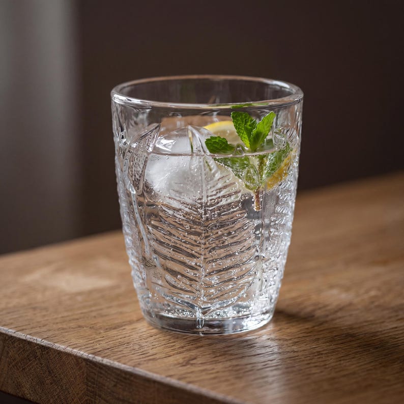 Embossed fern drinking glass with ice water, clear textured tumbler, vintage retro glassware for everyday hydration, durable pressed glass with botanical design, elegant kitchen styling