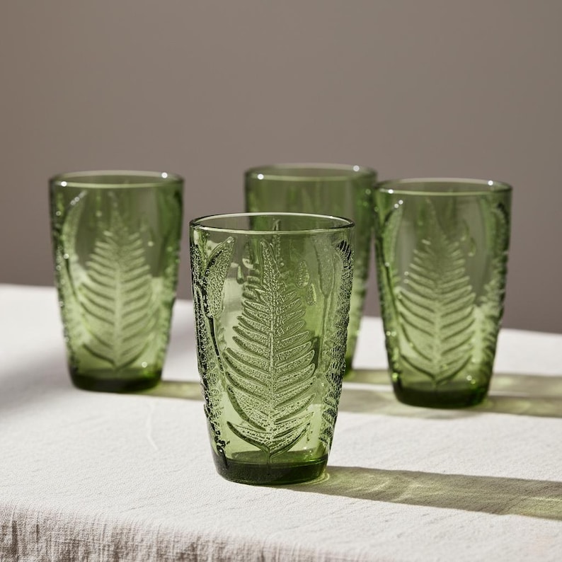 Green Fern Embossed Vintage-Inspired Glassware Set – Retro Style Drinking Glasses by QELVIO