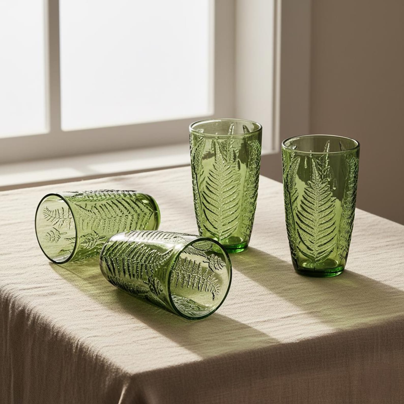 Vintage Fern Embossed Green Glass Tumblers: Boho Artisan Drinking Glasses (16 oz) - Set of 4