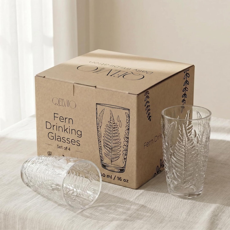 Embossed fern drinking glass with eco kraft packaging box, vintage style glassware set, gift ready textured tumblers, retro clear glass cups for housewarming, durable pressed glass with botanical design