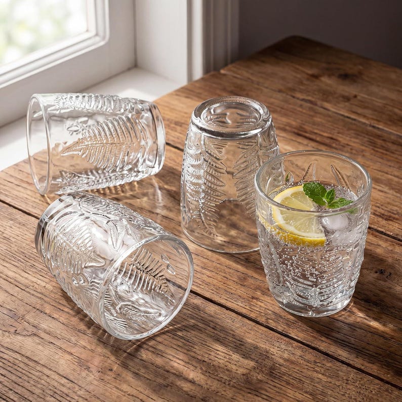 Clear embossed fern tumblers set, textured vintage drinking glasses displayed on wooden surface, retro glassware collection for water, juice and cocktails, durable pressed glass design with botanical pattern