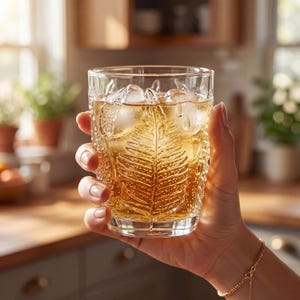 Close-up of hand holding vintage embossed drinking glass, fern pattern textured tumbler with iced drink, elegant lifestyle photo, retro aesthetic glassware for cocktails and water, durable everyday glass