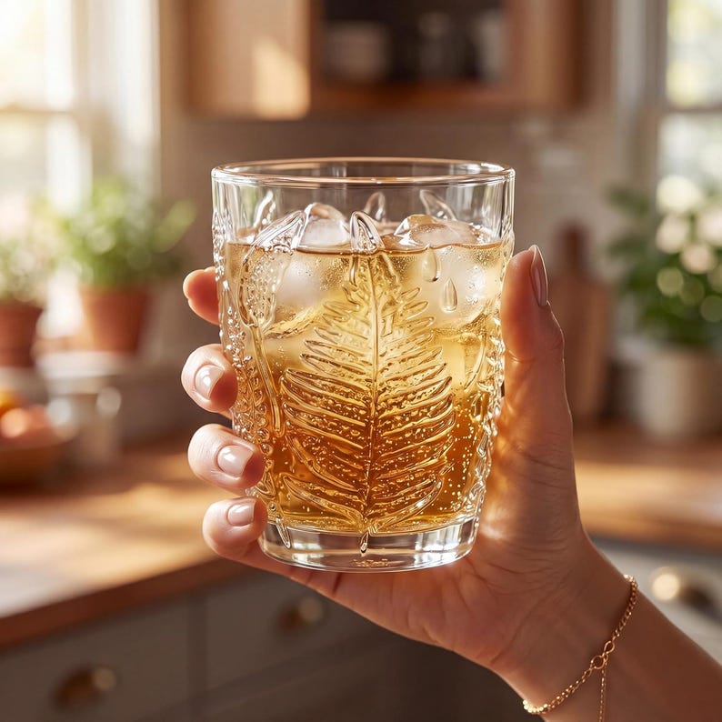 Close-up of hand holding vintage embossed drinking glass, fern pattern textured tumbler with iced drink, elegant lifestyle photo, retro aesthetic glassware for cocktails and water, durable everyday glass