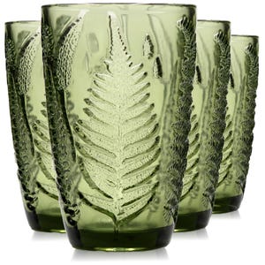 Green Vintage Drinking Glasses Set: Fern Embossed Retro Glassware