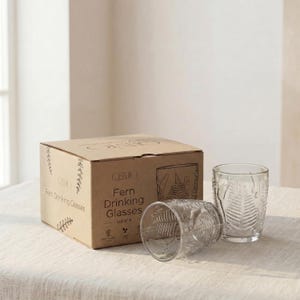 Vintage embossed glassware set with packaging box, clear fern pattern drinking glasses, textured retro tumblers for water and cocktails, aesthetic gift set for home, durable everyday glass cups
