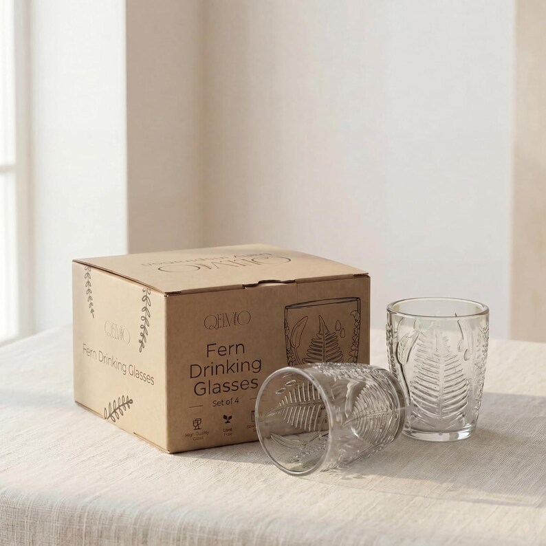 Vintage embossed glassware set with packaging box, clear fern pattern drinking glasses, textured retro tumblers for water and cocktails, aesthetic gift set for home, durable everyday glass cups