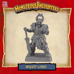 Peut inclure: Figurine miniature grise de Wight Lord du jeu "Monstrous Encounters". La figurine est un guerrier squelettique avec un casque crâne à cornes, tenant une grande épée. La figurine est sur une base rectangulaire, avec les mots "Wight Lord" en dessous.