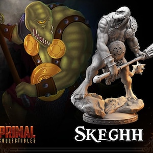 May include: A digital rendering of a green-skinned humanoid figure with a menacing expression, holding a spiked club. The figure is wearing armour with gold accents. The image also features a painted version of the same figure. The text "SKEGHH" is displayed.