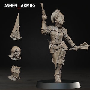 Może przedstawiać: Szara miniaturowa figurka kobiety-wojownika w pełnej zbroi, trzymającej broń i maczugę. Figurka stoi na czarnej podstawie, z trzema dodatkowymi opcjami hełmu. Tekst "ASHEN ARMIES" jest widoczny w lewym górnym rogu.