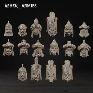 Könnte beinhalten: Eine Sammlung von sechzehn grauen Miniaturköpfen mit dem Text ASHEN ARMIES oben. Die Köpfe zeigen verschiedene Designs, darunter Turbane, Helme, Masken, Schädel und Gesichtsbehaarung, alle in einem detaillierten, unbemalten Harzstil.