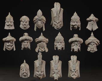 Puede incluir: Una colección de dieciséis cabezas en miniatura de color gris con el texto ASHEN ARMIES en la parte superior. Las cabezas presentan varios diseños que incluyen turbantes, cascos, máscaras, calaveras y vello facial, en resina sin pintar.