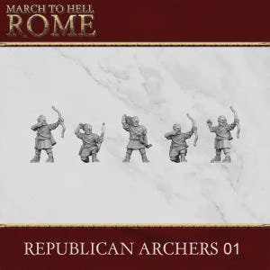 Könnte beinhalten: Fünf graue Miniaturfiguren von Bogenschützen aus der Kollektion March to Hell Rome. Jede Figur trägt eine Tunika und einen Bogen, wobei einige stehen und andere knien. Der Text March to Hell Rome und Republican Archers 01 ist sichtbar.