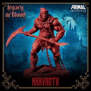 Puede incluir: Figura roja de Kravanth de la colección Legacy of Blood, sosteniendo una guadaña. La figura es musculosa y detallada, con cadenas y una capucha. El fondo presenta un castillo espeluznante, una luna llena y el logotipo de Primal Collectibles.