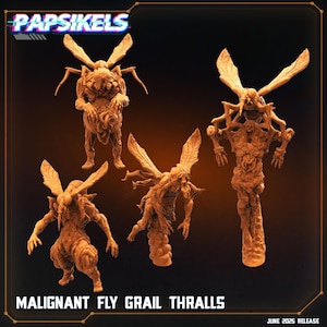 Op de afbeelding: Vier gedetailleerde, bruinachtige figuren van insectachtige wezens met grote vleugels en mensachtige kenmerken. De figuren zijn gelabeld met "MALIGNANT FLY GRAIL THRALLS" en het merk "Papsikels" is zichtbaar bovenaan. Releasedatum: juni 2025.