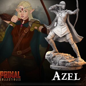 May include: Azel figure from Primal Collectibles. The image shows a detailed, painted figurine of a female archer with blonde hair, pointed ears, and a bow and arrow. The figure is wearing armor and a cape. The name "AZEL" is displayed in white text.