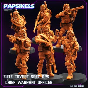 Könnte beinhalten: Orangefarbene Miniaturfiguren von Soldaten in taktischer Ausrüstung, die Waffen halten. Die Figuren stehen auf schwarzen Sockeln. Der Text auf dem Bild lautet "PAPSIKELS", "ELITE COVERT SPEC OPS CHIEF WARRANT OFFICER" und "MAY 2026 RELEASE".