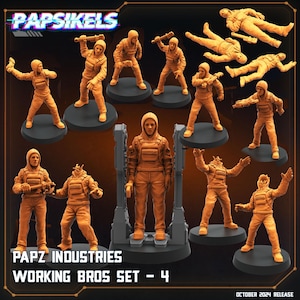 Pode incluir: Um conjunto de figuras em miniatura laranja, cada uma representando uma pessoa em um macacão com capuz e colete tático. Algumas figuras estão em pé, outras estão deitadas. Inclui o texto "PAPZ INDUSTRIES WORKING BROS SET - 4".