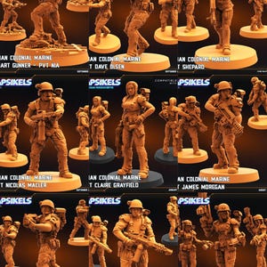 Op de afbeelding: Een verzameling gedetailleerde, bruin gekleurde miniatuurfiguren van Colonial Marines, elk geposeerd met wapens en uitrusting. De figuren staan op ronde bases, met tekst ter identificatie van elk personage. De merknaam "PSikels" is zichtbaar.