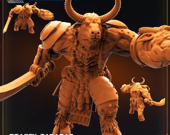 Puede incluir: Figura detallada de color marrón claro de una criatura parecida a un minotauro, con cuernos grandes, armadura y una espada. El texto "BRAZEN CARABAO" se muestra en la parte inferior, con "MARCH 2025 RELEASE" debajo. El logotipo "PAPSIKELS" está en la parte superior.