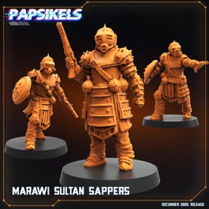 Puede incluir: Tres figuras de Marawi Sultan Sappers de color naranja. Las figuras están en poses de batalla, una sosteniendo un rifle, otra un escudo y una pistola, y la tercera una pistola. El texto "Papsikels" está en la parte superior y "Marawi Sultan Sappers" en la inferior.