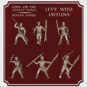 Puede incluir: Seis figuras en miniatura de soldados de leva del Imperio Romano sosteniendo jabalinas. El texto dice JOIN OR DIE ANCIENT WORLD ROMAN EMPIRE LEVY WITH JAVELINS. Las figuras se muestran en varias poses, algunas con túnicas y otras con el torso desnudo.